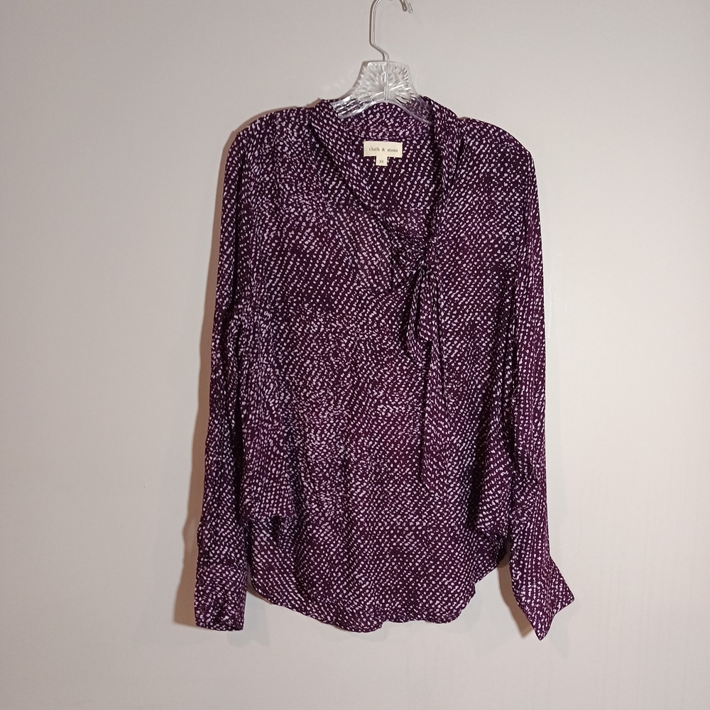 Cloth & Stone Neck Tie Dot Print Purple Relaxed Long Sleeve Top Blouse Size XL
